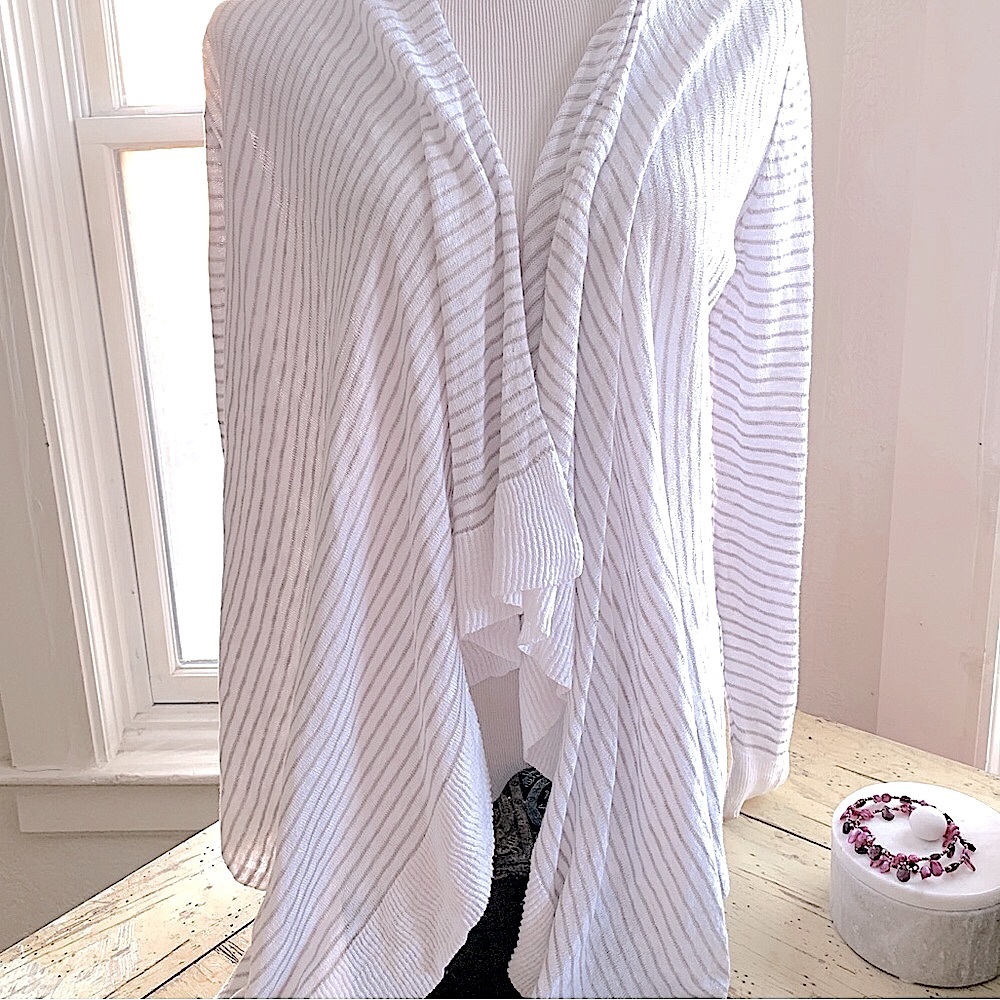 Eileen Fisher Linen gray & white striped open front cardigan S - Picture 5 of 10